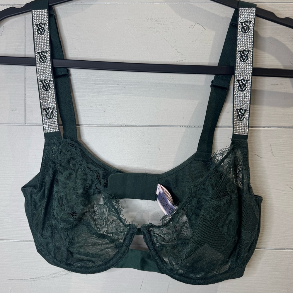 Victoria's Secret NWOT Unlined Demi Dark Green Lace Bra 34DD